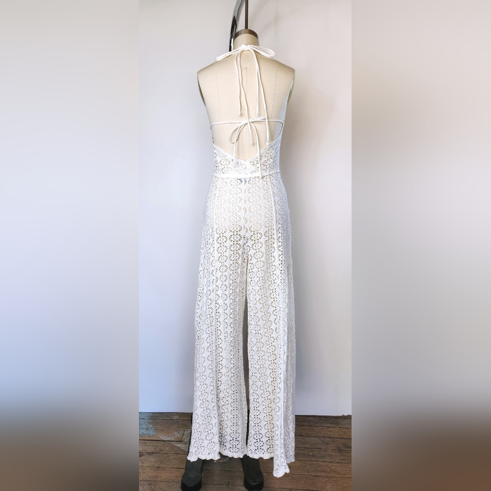 Free People Lace Ivory Jumpsuit Halter See Through Pockets Wide Legs w/ Slits S - Picture 13 of 15